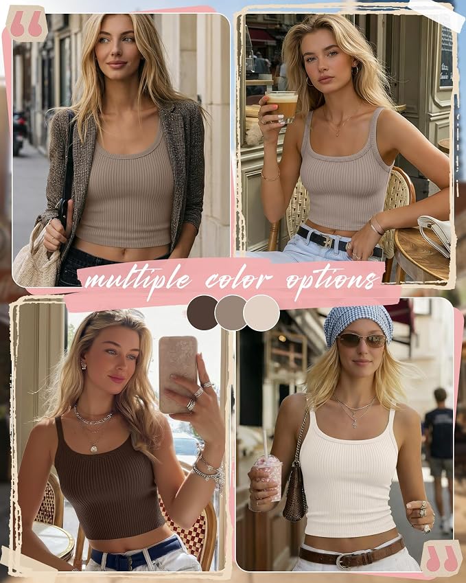 Ficerd 3 Pack Women's Tank Tops 95% Cotton Spaghetti Strap Ribbed Crop Camisole Slim Fitted Basic Summer Sleeveless Layer - Image 2