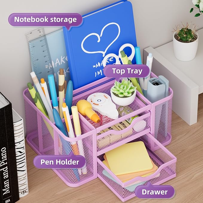 Marbrasse Mesh Desk Organizer, Pen Holder with 2 Drawer, Multi-Functional Pencil Holder, Desk Organizers and Accessories with 5 Compartments + Drawer for Office Art Supplies (Purple) - Image 2