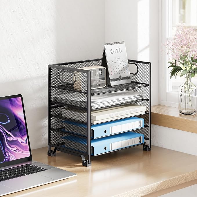 Simple Trending 5-Tier Paper Tray Organizer, File Organizer for Desk, Black | Letter Tray Holder with Handle. Sturdy Metal Frame. Non-slip Feet. Black for Office Home School. 13.25"L x 9.25"W x 13"H - Image 2