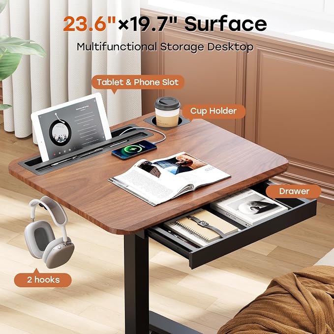 Small Mobile Standing Desk with Drawer, 23.6" x 19.7" Top | Height Adjustable Portable Laptop Desk with Wheels & Cup Holder, Sit Stand Computer Workstation for Compact Space, Dark Wood - Image 3