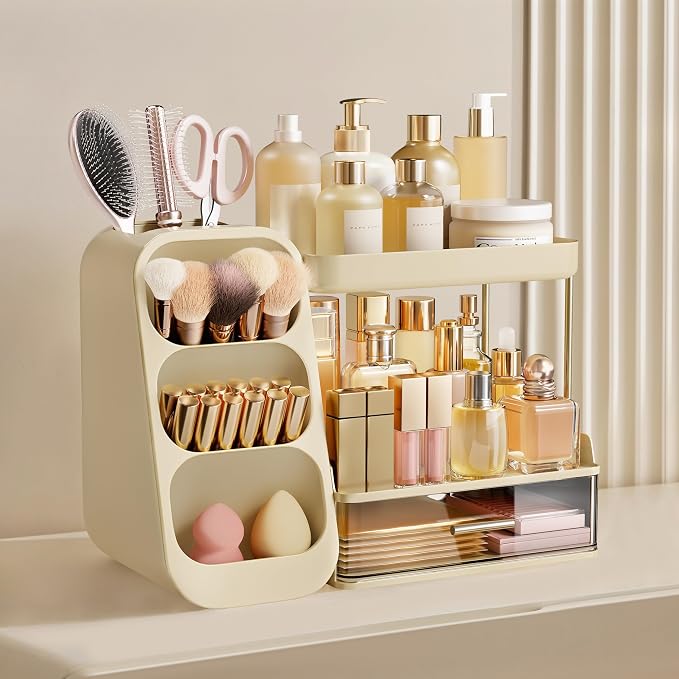 HBlife Bathroom Organizers and Storage with Brush Holder for Vanity, 3 Tier Plastic Makeup Organizer for Dresser Counter, Skincare, Lipstick, Perfume, and Cosmetic Storage, Beige - Image 2