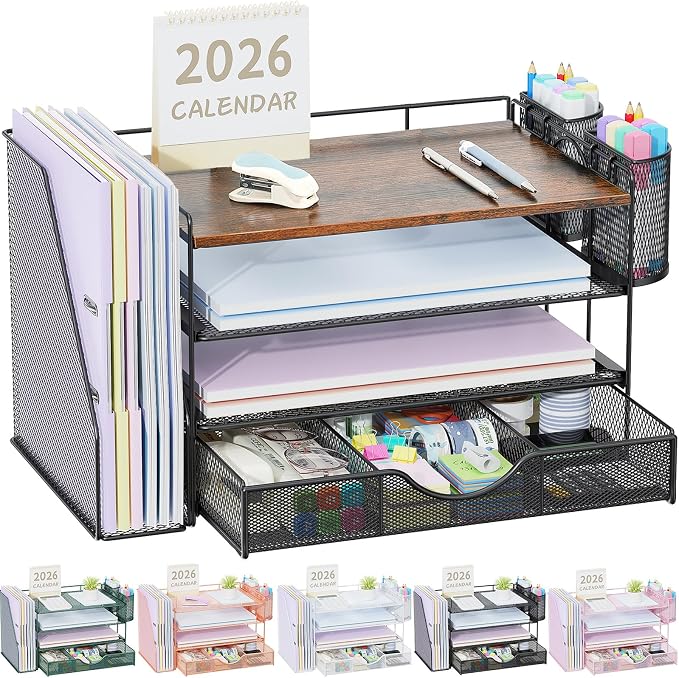 gianotter Desk Organizers and Accessories with File Holder, 4-Tier Desk Accessories & Workspace Organizers with Drawer and 2 Pen Holder, Paper Organizer for Office Supplies (Wood) by gianotter