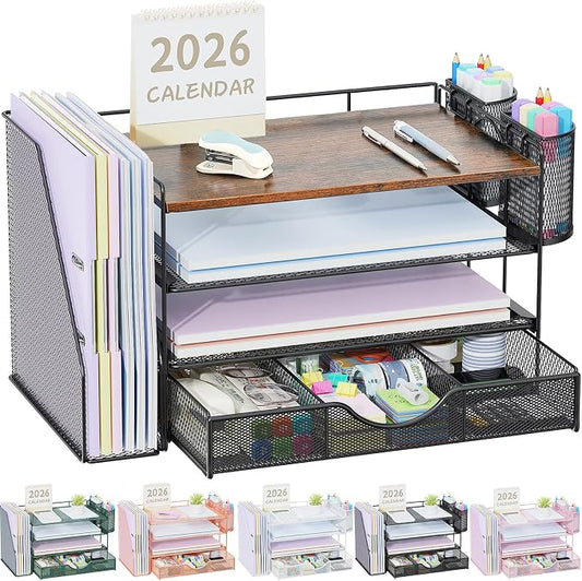 gianotter Desk Organizers and Accessories with File Holder, 4-Tier Desk Accessories & Workspace Organizers with Drawer and 2 Pen Holder, Paper Organizer for Office Supplies (Wood) by gianotter