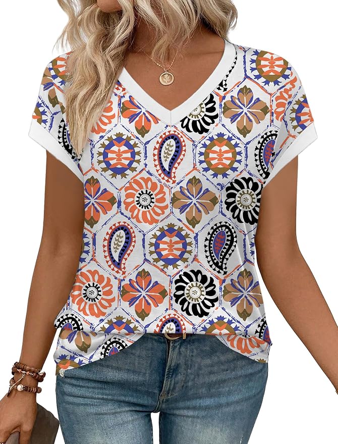 WIHOLL Womens Summer Tops 2026 Cap Short Sleeve Shirs V Neck T Shirts Fashion Beach Vacation Clothes Color Block - Image 2