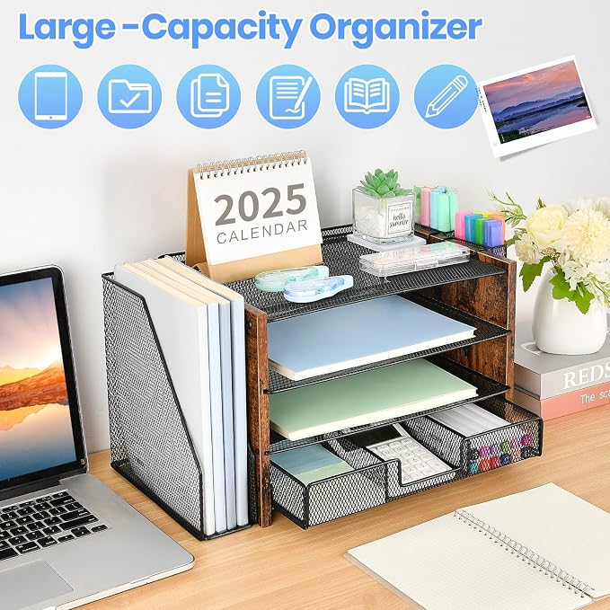 OPNICE Desk Organizer, 4-Tier Desktop File Organizer with Drawer and Pen Holders, Office Desk Accessories, File Sorters, Workspace Organizers for Office Supplies(Brown Wood) - Image 2