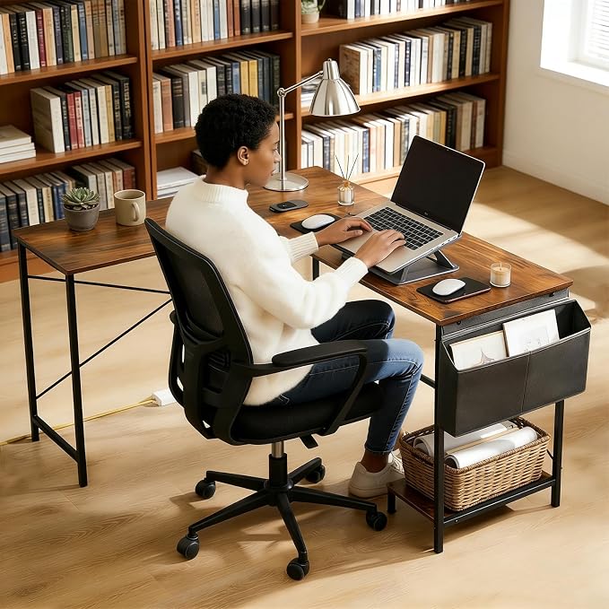 L Shaped Desk Computer Desk, 50inch Brown Gaming Desk with CPU Stand | Reversible Corner Desk, Storage Bag, Sturdy Metal Frame, Student Study Writing Table for Home Office - Image 4