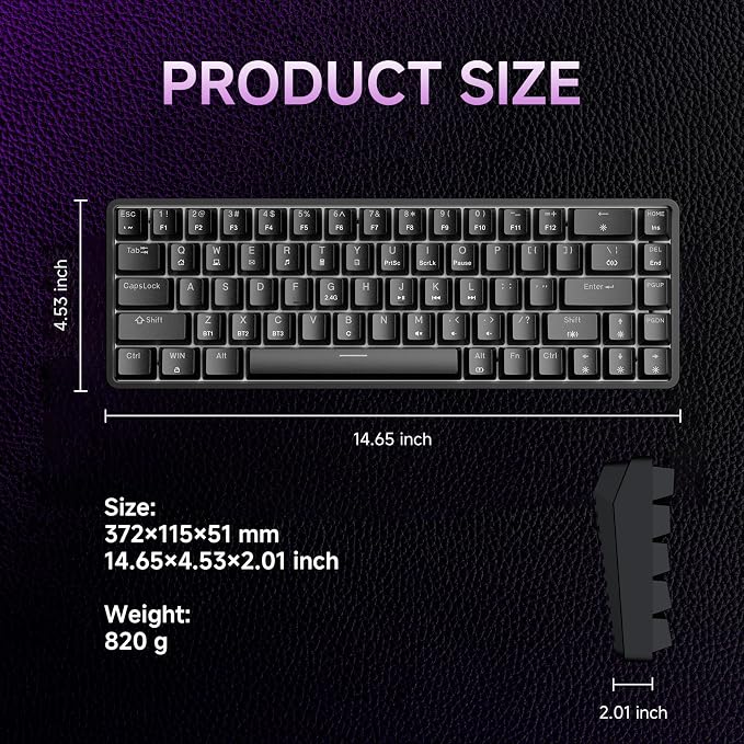 DIERYA DK68 60% Wireless Mechanical Gaming Keyboard, 3-Mode, Bluetooth 5.0/2.4G/USB-C, RGB Backlit, 68-Key Compact Mini for Windows, Mac, Linux - Linear Red Switch - Black - Image 8