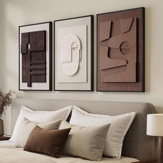 3D Textured Framed Neutral Abstract Wall Art for Bedroom, 3 Piece Modern Artwork for Walls, Minimalist White and Brown Geometric Wall Paintings for Living Room, Dining Room, Lounge Wall Decor 16x24 In by Cuspin