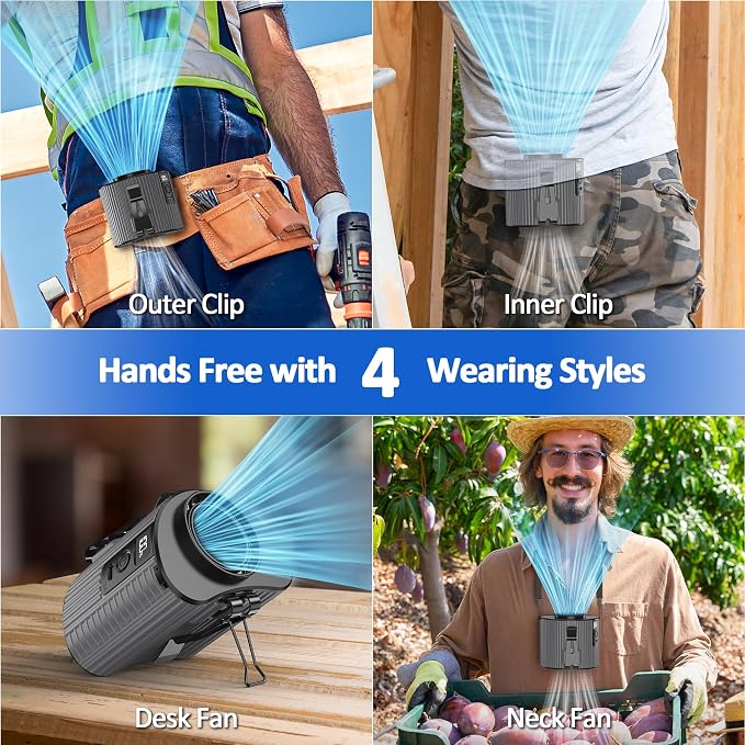 Portable Mini Waist Fan, Personal Waist Clip Fan With Max 20H Working Time, 5 Speeds 11000RPM Strong Airflow, Rechargeable Hands-free Wearable Belt Fan for Outdoor Jobsite Camping Traveling Fishing - Image 4