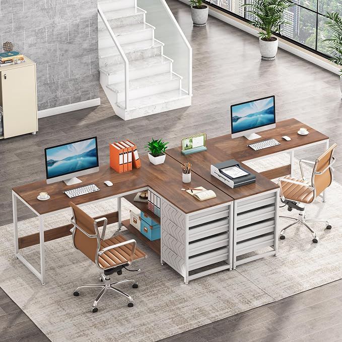Tribesigns L Shaped Computer Desk with Storage Drawers, 59 inch Corner Desk with Shelves, Reversible L-Shaped Office Desk Study Writing Table Workstation for Home Office, Walnut & White - Image 4