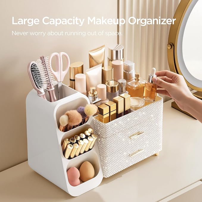 HBlife Makeup Organizer with Brush Holder for Vanity, Large Plastic Bathroom Countertop Organizer Skin Care Storage, Easy to Store Nail Polishes, Perfumes, Eyeshadow Palettes, Pearl All White - Image 4