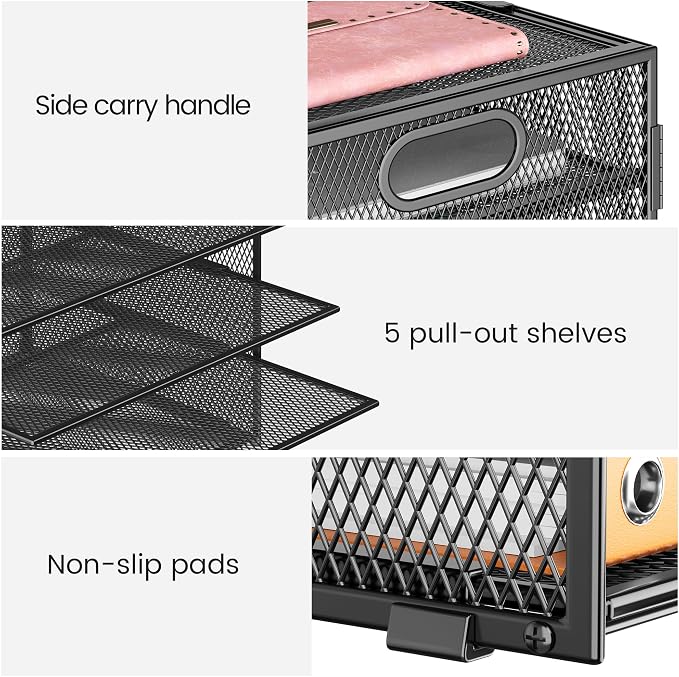 Lavatino 2 Pack 8-Tier Office Desk File Organizer, Letter Tray Paper Organizer with Handle, Including 5 Adjustable Slide Trays for Organizing Desktop Workspace Accessories and Supplies (Black Mesh) - Image 3