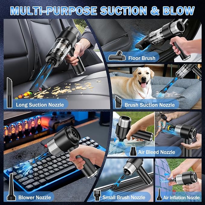 KMM Handheld Car Vacuum Cleaner, 16000PA Hand Held Vacuum Portable Cordless, 2 in 1 Air Duster and Vacuum Cleaner with LED Light, Multi-Nozzles, 120W High Power Mini Vacuum for Home, Pet, Office - Image 6
