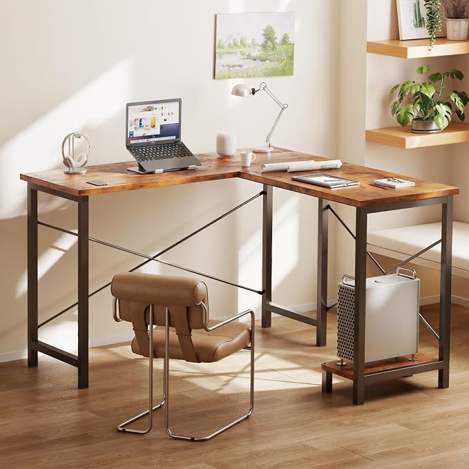 DUMOS 50-Inch Reversible L Shaped Desk with CPU Shelf, Brown | Computer Desk with Sturdy Metal Frame, Corner Gaming Desk, Home Office Desk for Study, Writing and Work, Sturdy Modern Design - Image 5