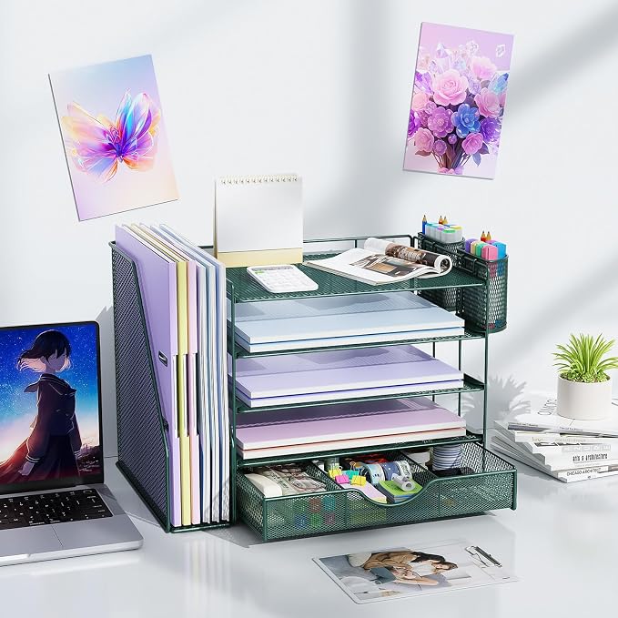 gianotter 5-Tier Desk Organizer with Drawers and File Holders | Letter Trays and Pen Holders - Workspace Accessories for Office Supplies (Green) - Image 6
