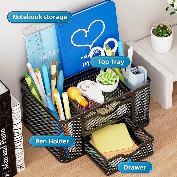 Marbrasse Mesh Desk Organizer, Pen Organizer with 2 Drawer, Multi-Functional Pencil Holder, Desk Organizers and Accessories with 5 Compartments + Drawer for Office Art Supplies (Black) - Image 2