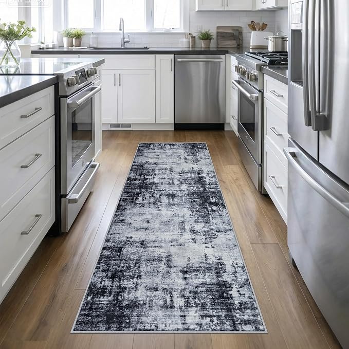 2.6'x10' Runner Rug Washable Rug: Modern Abstract Soft Thin Runner Rug Dark Black by FXRHLP