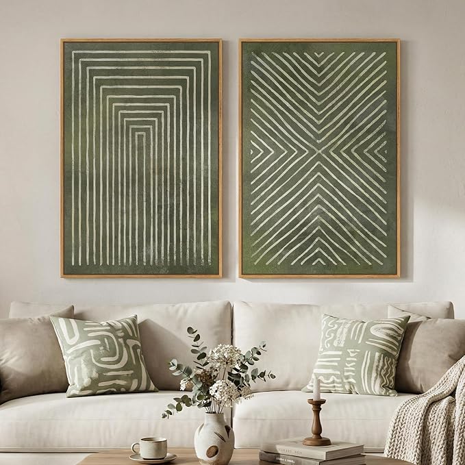Large Framed Green Abstract Wall Art, 2 Piece Modern Canvas Prints Paintings, Minimalist Sage Green Geometric Pictures for Living Room Dining Room Bedroom Office Hallway Lounge Wall Decor 24x36 In - Image 3