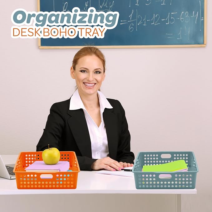 4E's Novelty 6 Pack Classroom Paper Baskets, Organizing Desk Boho Tray for A4 Papers, Classroom Storage Plastic Paper Bins, Fun Turn In Trays for Teachers and Students, Office Desk Room Trays - Image 4