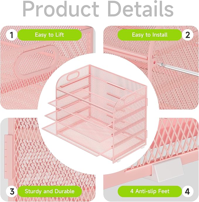 Cawukege 5 Tier Paper Organizer with Handle, Pink Metal Mesh Desk Organizer File Folder Paper Letter Tray Desktop Document Sorter for Classroom, School, Office Accessories Organization and Storage - Image 4