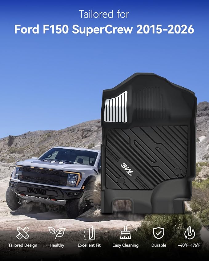 3W Floor Mats (with Metal Pedals) Fit for Ford F-150 2015-2026 & F150 Lightning 2022-2025 SuperCrew, TPE All Weather Car Mats Custom Fit Accessories (w/s Original fold Under-Seat Storage Box) - Image 2