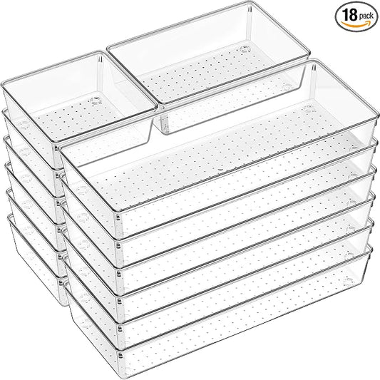 Criusia 18 Pcs Large Size Clear Drawer Organizer Set, Acrylic Non Slip Non Cracking Kitchen Drawer Storage Tray Divider, Multifunctional Storage for Cosmetics, Bathroom, Tools, Kitchen and Office by Criusia