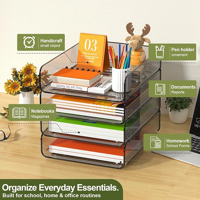 FANXIYQ 4-Tier Acrylic Paper Tray Organizer, Brown Office Paper Organizer | Stackable, Tool-Free Design with 2-4 Tiers for A4 Paper, Files, Books and Mail; Ideal for School, Home Office and Study Room - Image 3