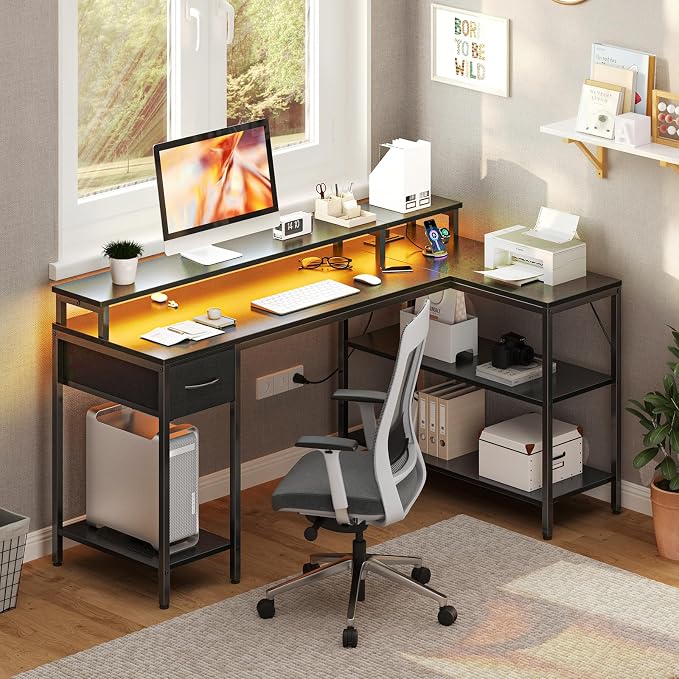 DUMOS 53 Inch Gaming Desk, L Shaped Desk, LED Lights | Monitor Stand, Storage Shelves, Computer Table, USB Charging Ports, Power Outlets, Small Spaces, Black - Image 8