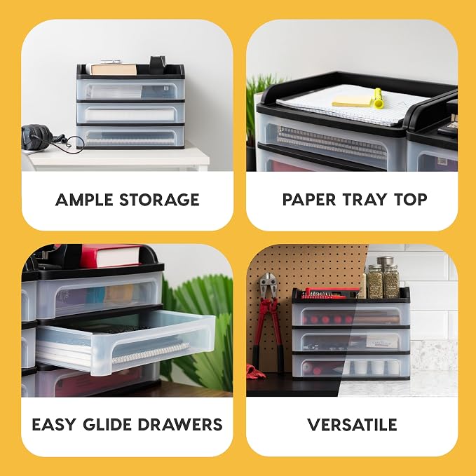 IRIS USA 3-Drawer Medium Desktop Organizer with Paper Tray, Black - Image 4