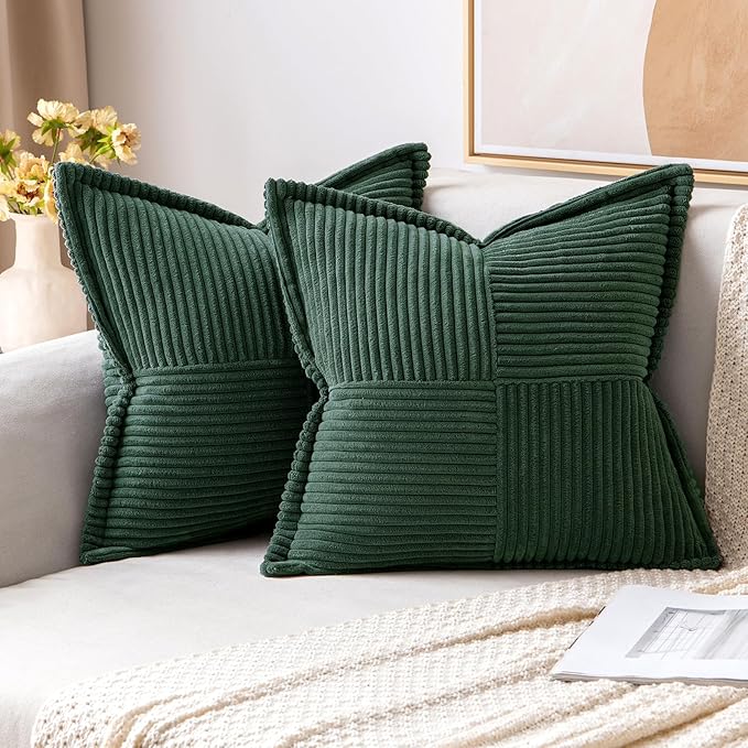 MIULEE Decorative Throw Pillow Covers for Couch Bed Livingroom 18x18 Inch Set of 2 Dark Green Boho Accent Throw Pllows Broadside Striped Patchwork Soft Corduroy Pillowcases by MIULEE
