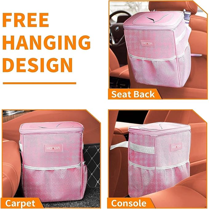 HOTOR Car Trash Can with Lid and Storage Pockets - 100% Leak-Proof Organizer, Waterproof Garbage Can, Multipurpose Trash Bin for Car, 2 Gallons, Pink - Image 6