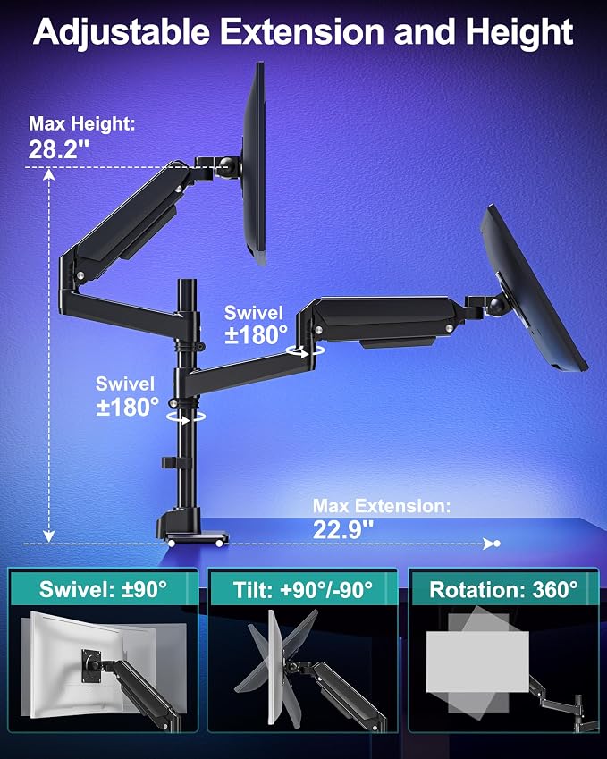 MOUNT PRO Dual Monitor Arm for Max 49" Ultrawide Screens up to 44 lbs, Heavy Duty Extra Tall Monitor Desk Mount, Vertical Stacked Adjustable Dual Monitor Mount, VESA Mount 75x75mm/100x100mm - Image 4