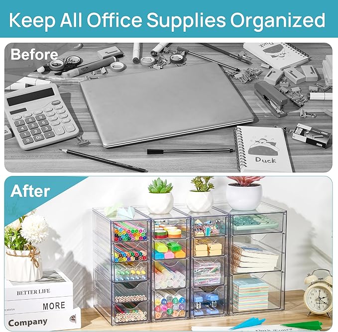 Vtopmart 4 Set Acrylic Desk Organizer with 16 Drawers for Office, Makeup | Clear Storage Drawers for Office Supplies, Desktop Organization for Makeup, Jewelry, Art Crafts, Bead, Pen, Stationary - Image 5