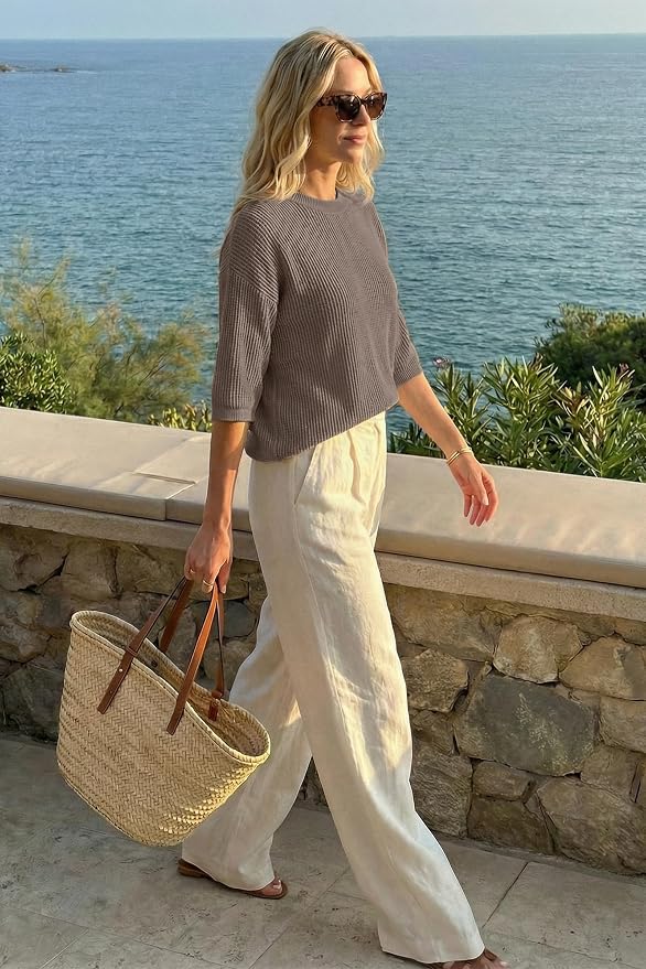 Arach&Cloz Womens Summer 100% Cotton Oversized Crochet Tops 3/4 Length Sleeve Sweater Hollow Out Casual Blouses 2026 - Image 5