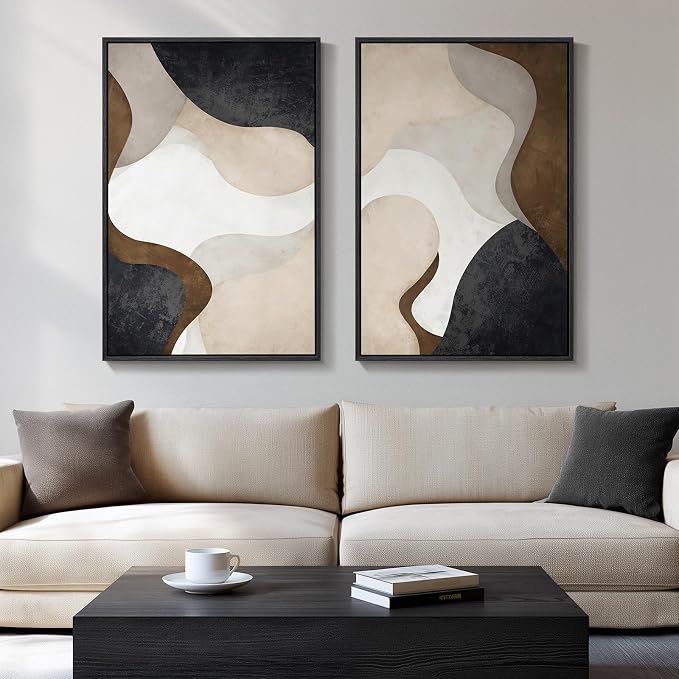 Large Framed Neutral Abstract Minimalist Wall Art Set of 2, Modern Canvas Prints Paintings Artwork for Walls, Black Beige Brown Abstract Art Pictures for Living Room Dining Bedroom Wall Decor 24x36 In by Cuspin