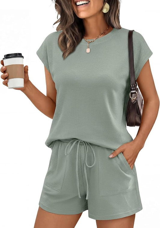ANRABESS Womens Waffle Knit 2 Piece Short Sets Cap Sleeve Summer 2026 Matching Lounge Outfits Travel Beach Vacation Sweatsuit by ANRABESS