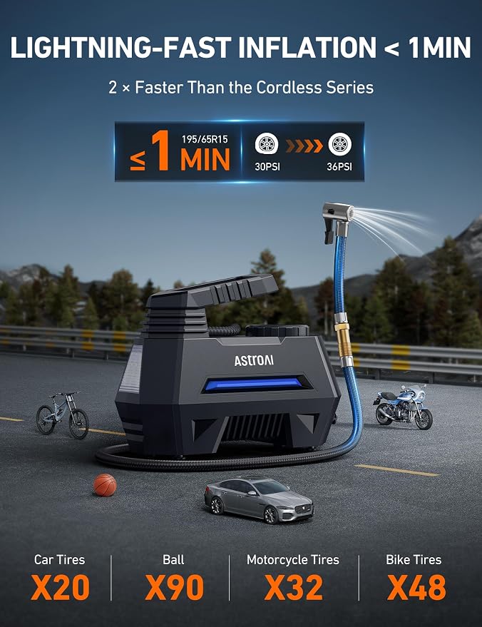 AstroAI AIRUN H Tire Inflator Portable Air Compressor,Fast Inflation Electric Air Pump for Car Tires-Car Accessories,9.8Ft Cord-12VDC-Powered Auto Shut-Off with Digital Pressure Gauge,LED Light,Blue - Image 2