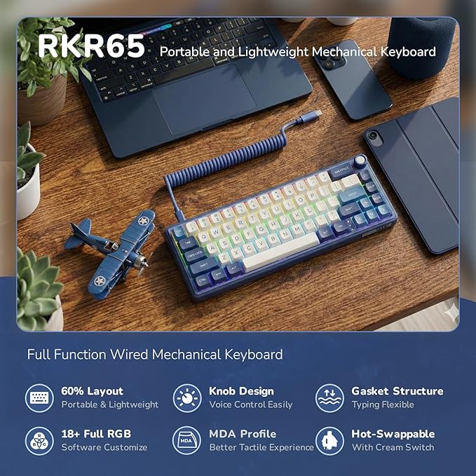 RK ROYAL KLUDGE R65 Wired Gaming Keyboard with Volume Knob, 60% Percent RGB Backlit Mechanical Keyboard Gasket Mount with PBT Keycaps, MDA Profile, QMK/VIA, 66 Keys Hot Swappable Cream Switch, Blue - Image 2