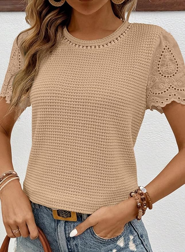 SHEWIN Womens Frenchy Summer Tops Crewneck Short Sleeve T Shirts Casual Waffle Knit Jacquard Blouses Top Shirts - Image 2