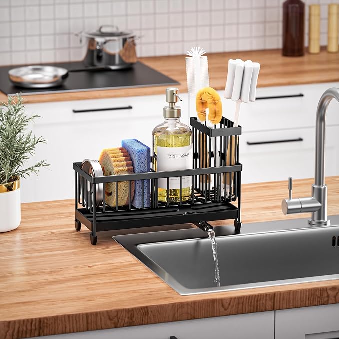 Cisily Sponge Holder for Kitchen Sink, Sink Caddy Organizer with High Brush Holder, Kitchen Countertop Organizers and Storage Essentials, Rustproof 304 Stainless Steel (Black, 9.25″) - Image 7