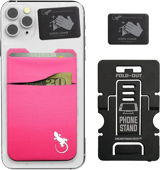 Gecko Travel Tech Double Pocket - Adhesive Card Holder - Cell Phone Pouch - Stick on Spandex Pocket - Carry Credit Cards and Cash (PINK-WHITE) by GeckoTravelTech