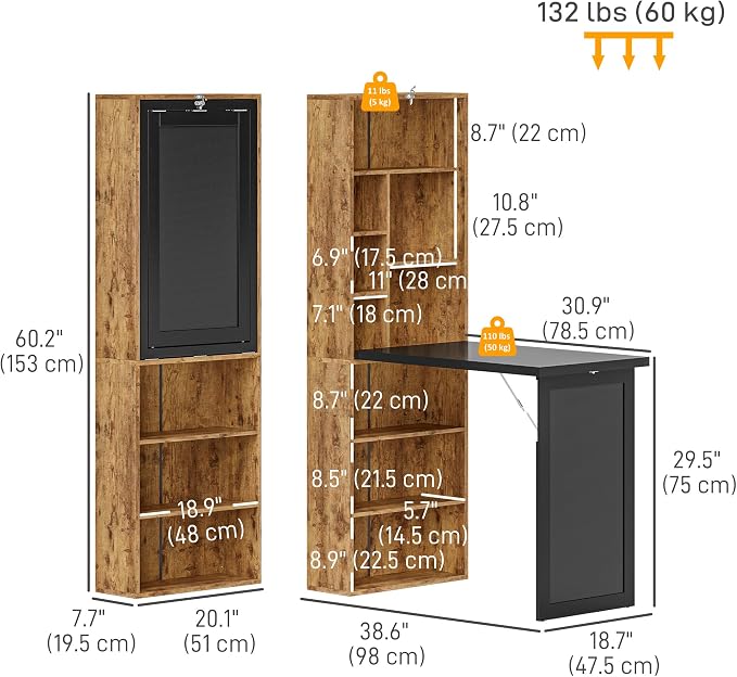 HOMCOM Foldable Desk Wall Mounted Convertible Table, Rustic Brown | Wall Mounted, Space-Saving, Chalkboard, Storage Shelves, for Small Spaces, Home Office, Bedroom, Dorm, Apartment - Image 3