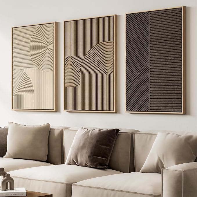 Large 3D Textured Framed Boho Neutral Abstract Wall Art for Living Room, 3 Piece Modern Artwork for Walls, Minimalist Beige Brown Tan Geometric Paintings for Hallway, Stair, Office Wall Decor 24x36 In - Image 5