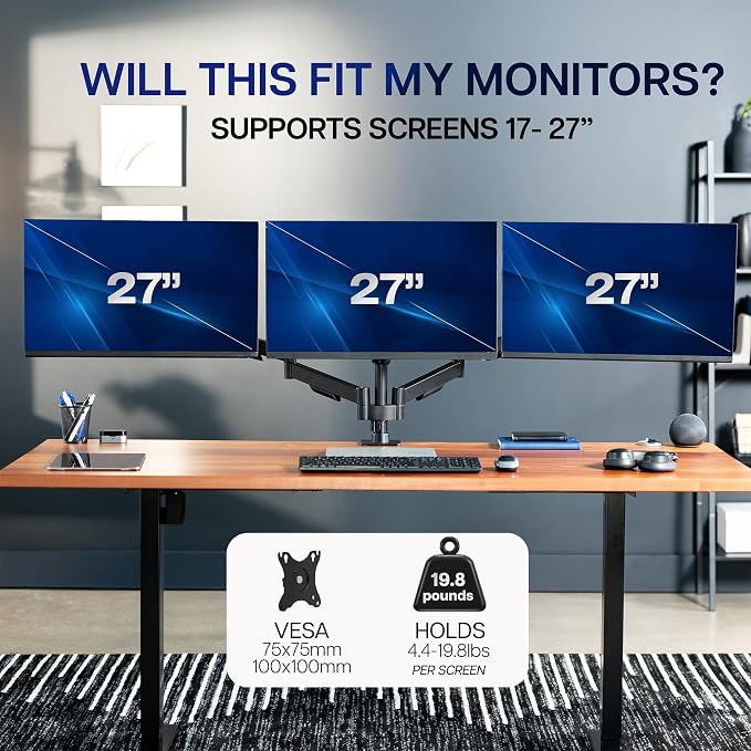 VIVO Triple Monitor Stand, Fully Adjustable Arms for 17 to 27 inch Screens, Mechanical Articulating Desk Mount, Gaming and Office Setups, VESA 75x75, 100x100, Max 19.8 lbs, Classic, Black, STAND-V003O - Image 6