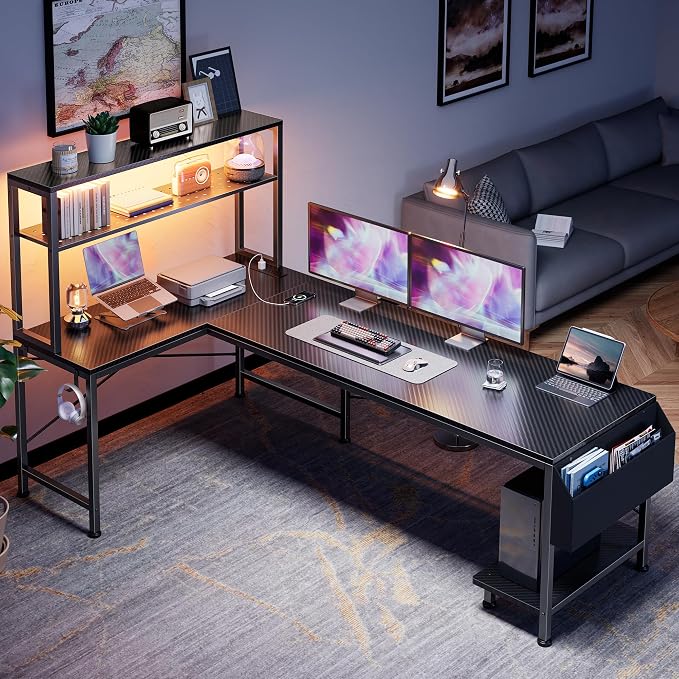 PRAISUN L Shaped Gaming Desk with LED Lights & Power Outlets, Reversible Computer Desk with Storage Shelves & Bag, Large Corner Home Office Desk with Pegboard for Work from Home, Carbon Fiber Black - Image 7