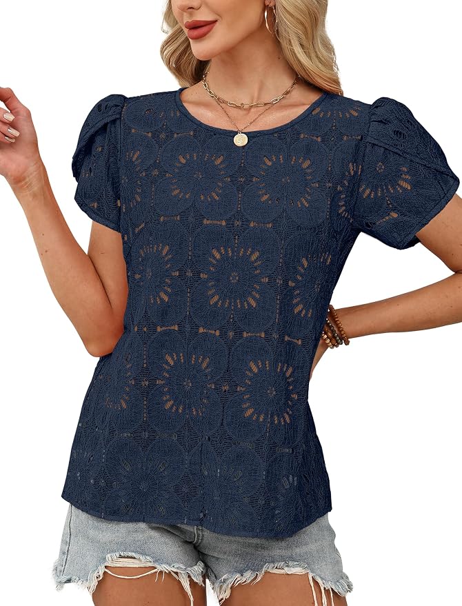 OFEEFAN Blouses for Women Dressy Casual Petal Short Sleeve Shirts Crochet Lace Boho Tops Spring Fashion Summer Outfits - Image 3