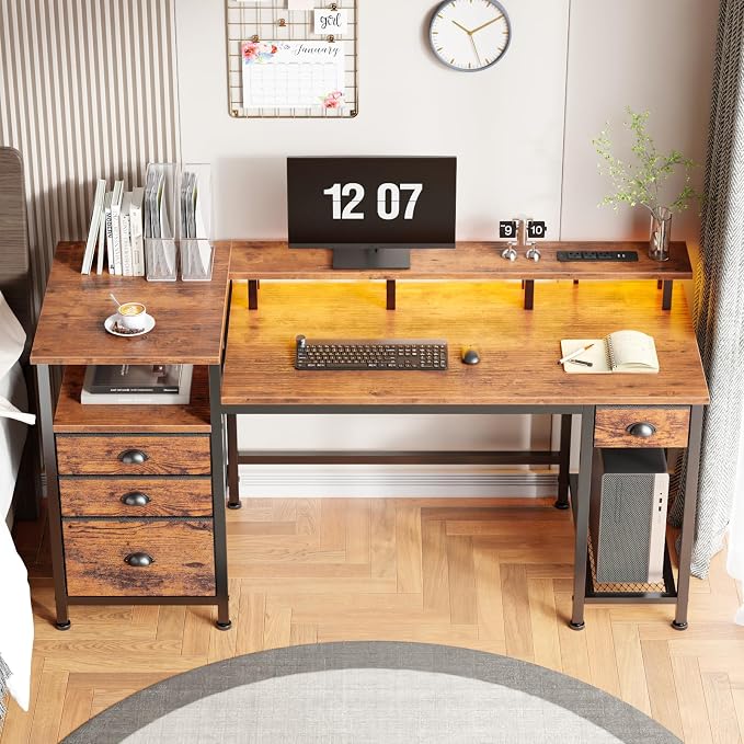 Furologee 60" Computer Desk with 4 Drawers, Power Outlet, LED, Rustic Brown | Home Office Desk with Full Monitor Stand,Storage Shelves, 4 File Drawers Cabinet ,Printer Space for Study Working Bedroom - Image 2