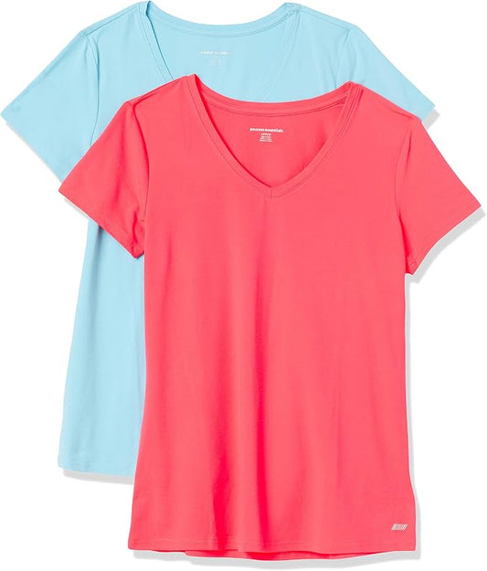 Amazon Essentials Women's Active Quick Dry Tech Stretch Short-Sleeve V-Neck T-Shirt (Available in Plus Size), Pack of 2 by AmazonEssentials