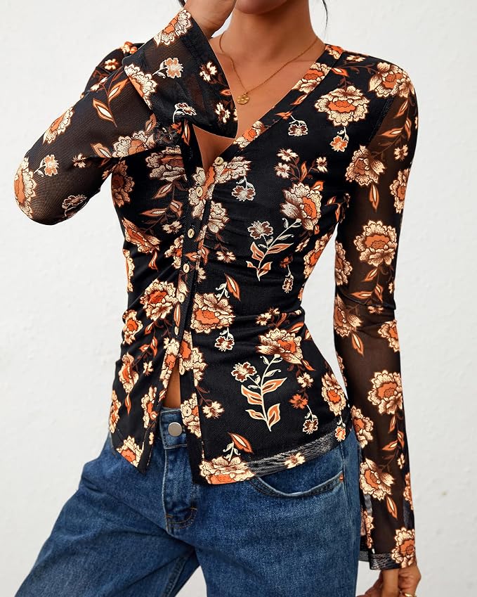 BTFBM Button Down Shirts for Women 2026 Fall Boho Tops V Neck Long Sleeve Blouses Ruched Mesh Fitted Fashion Clothing - Image 5