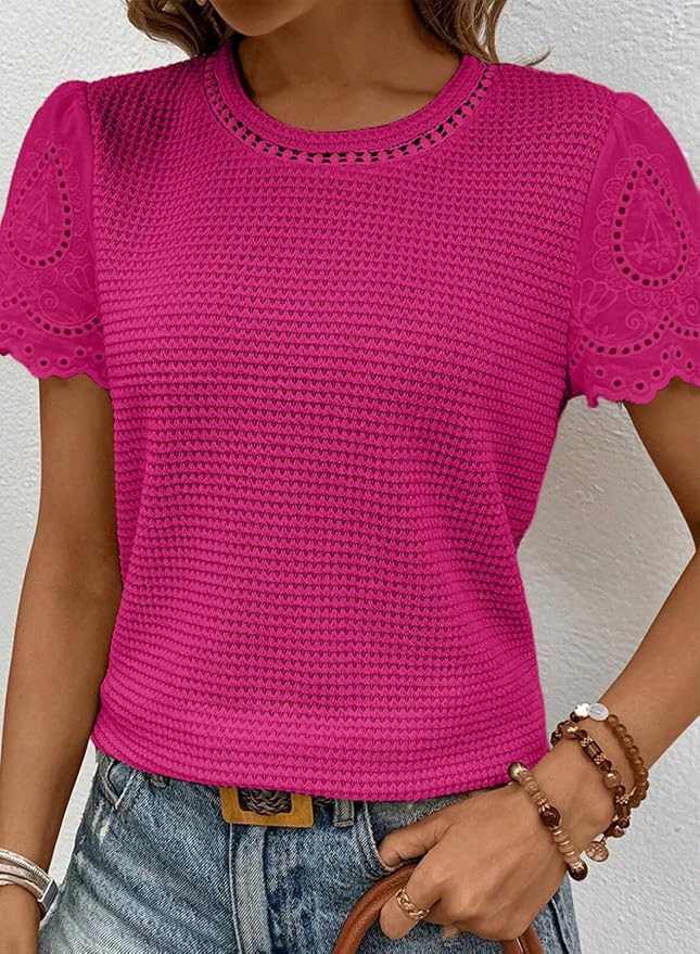SHEWIN Womens Frenchy Summer Tops Crewneck Short Sleeve T Shirts Casual Waffle Knit Jacquard Blouses Top Shirts - Image 4